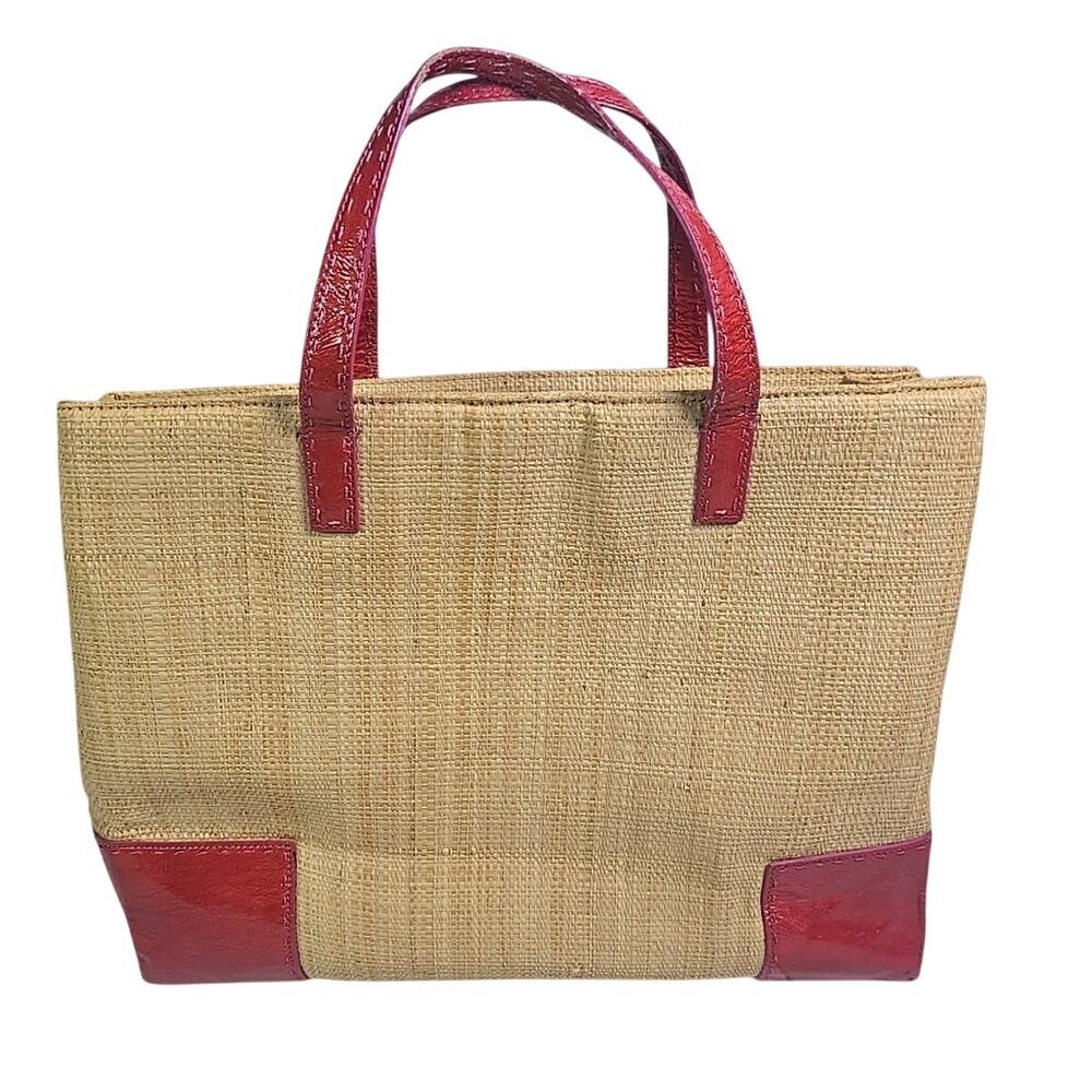 COLE HAAN Woven Straw Red Trim Tote Bag Shoulder Purse Barbie Pink Gingham